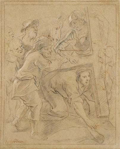 ÉCOLE FLAMANDE DU XVIIe SIÈCLE, SUIVEUR DE JACOB JORDAENS
Le Portement de Croix Pierre noire, sanguine et rehauts de blanc sur papier beige. Porte une inscription en bas à gauche j. jordaens. Au verso, Étude pour un socle, plume et encre brune, sanguine. 35,5 x 28,5 cm Notre dessin est une reprise de l'esquisse conservée au musée Pouchkine de Moscou (voir R.-A. d'Hulst, Jordaens drawings, tome II, Bruxelles, 1974, n°A357, reproduit tome IV, fig. 375). Cette composition est datée de la fin des années 1650, et est sans doute préparatoire au tableau du maître-autel de l'église jésuite de Saint-François-Xavier à Amsterdam.