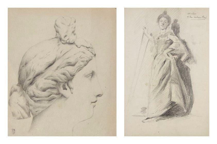 École Française du XIXe siècle
Portrait de femme debout Crayon noir. 30,8 x 21 cm Titré en haut Mme aline / 11, rue ambroise Paré. École FRANÇAISE du XIXe siècle Tête de jeune femme de profil d'après un bas - relief antique Crayon noir. 24 x 20 cm Porte une signature et une date illisibles en bas à droite R... A... / 1813.