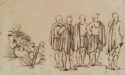 École Française du XIXe siècle
Femme et deux enfants, cinq asiatiques en costume drapés Plume et encre noire sur traits de crayon noir. 14,3 x 25 cm