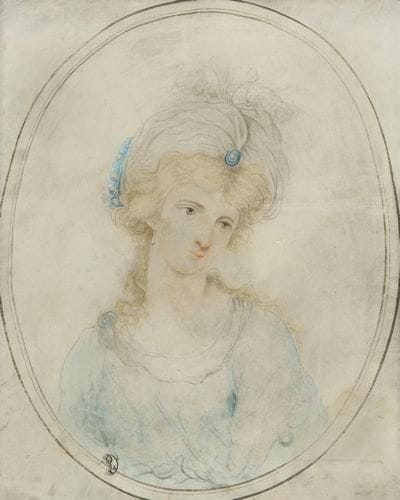 Ecole Italienne du XIXe siècle
Portrait d'une jeune femme portant un turban Pierre noire, crayons de couleur, aquarelle et gouache. 23,5 x 19 cm, ovale Porte en bas à gauche le cachet de la collection Nicos Dhikeos (Lugt n° 3529). Porte au verso une attribution à Francesco Bartolozzi.