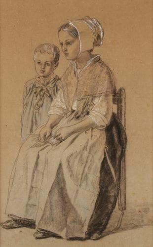 École FLAMANDE de la fin du XIXe siècle
Paysanne et jeune garçon Crayon noir et rehauts de blanc sur papier beige. 47 x 29 cm