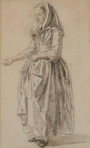 École FLAMANDE de la fin du XIXe siècle
Jeune paysanne à la main tendue Crayon noir et rehauts de blanc sur papier beige. 45 x 28,5 cm