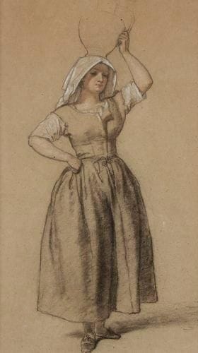 École FLAMANDE de la fin du XIXe siècle
Jeune paysanne à la cruche Crayon noir et rehauts de blanc sur papier beige. 53 x 29,5 cm
