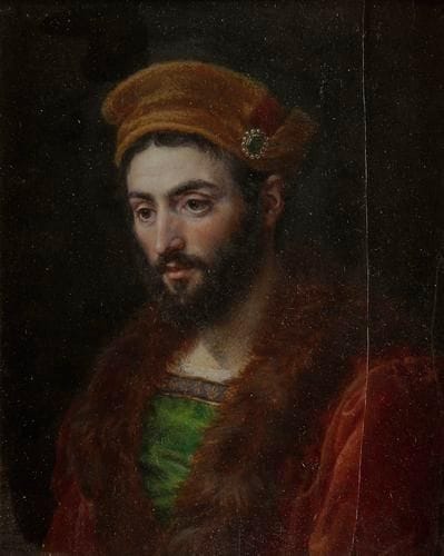 François-Joseph SIEURAC (Cadix, 1781- après 1834)
Étude d'homme en costume Troubadour, toque et manteau rouge bordé de fourrure, en buste à gauche Importante miniature sur ivoire rectangulaire, 14 x 12 cm. (Fente). Signée en haut à droite SIEURAC 1822 Inscription manuscrite au dos: "Étude d'après nature reçue à l'exposition du Louvre à Paris. Juif Polonais. Salon de 1822?. Le catalogue du Salon de 1822. Mentionne sous le n° 1197, par Sieurac, une tête d'étude d'homme.