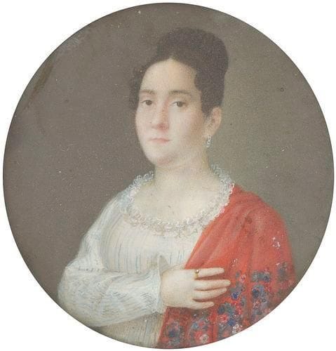 Ecole FRANCAISE vers 1825
Femme brune en chignon-natte, en robe blanche rayée de bleu, la main droite visible tenant son châle de cachemire rouge brodé de fleurs Miniature sur ivoire, diam.: 7,5 cm. Cadre rectangulaire en bois noirci, 14 x 13,5 cm. (Oxydations, petits décollements).