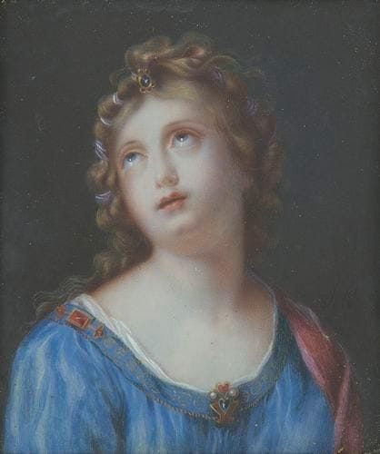 Jeune femme en Madeleine, les yeux au ciel, en robe bleue, cabochon à pendeloques de perles sur le décolleté Miniature sur ivoire du XIXe siècle, rectangulaire, 10,5 x 8,5 cm.