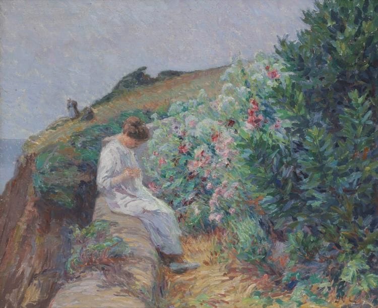 Joseph VITAL-LACAZE (1874-1946)
Jeune femme à Douélan, vers 1912 Huile sur toile. Monogrammée en bas à droite. 55 x 65 cm