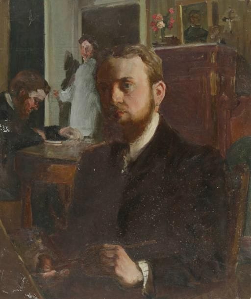 Henri GIRAULT DE NOLHAC (1884-1948)
Autoportrait au chevalet, vers 1910 Huile sur carton. Non signée. (Petits accidents). 55 x 46 cm