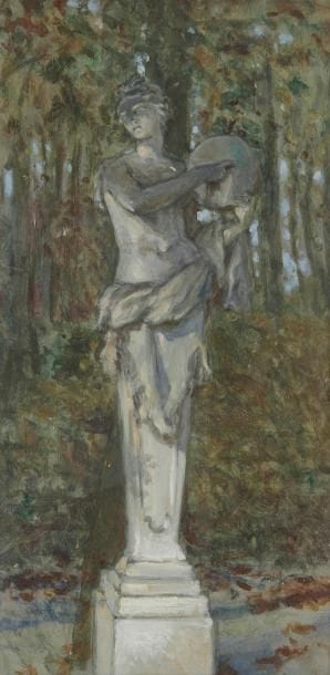 Henri GIRAULT DE NOLHAC (1884-1948)
Versailles, statue de femme au tambourin Huile sur carton. Non signée. 37,5 x 20 cm