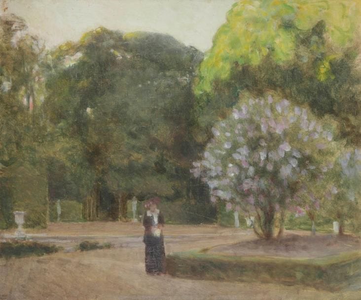 Henri GIRAULT DE NOLHAC (1884-1948)
Versailles, jeune femme dans les jardins Huile sur toile. Non signée. (Usures). 55 x 46 cm