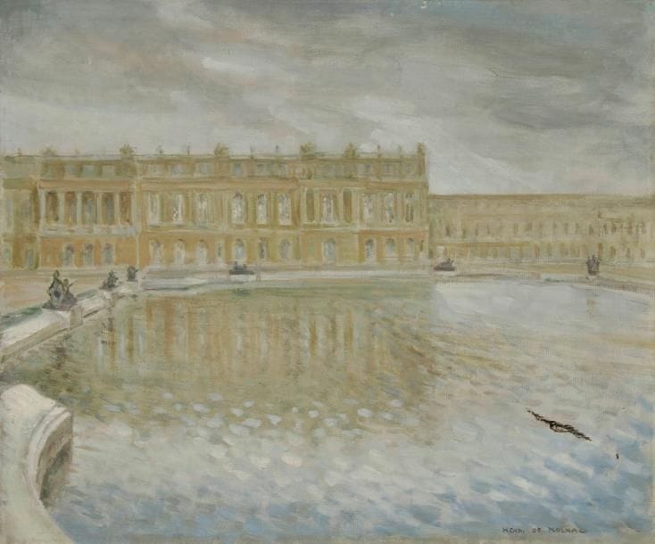 Henri GIRAULT DE NOLHAC (1884-1948)
Versailles, bassin sous la pluie Huile sur toile. Signée en bas à droite. (Accidents). 46 x 55 cm