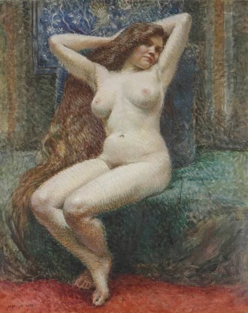 Henri GIRAULT DE NOLHAC (1884-1948)
Femme nue assise Huile sur toile. Signée en bas à gauche. (Accidents). 81 x 65 cm