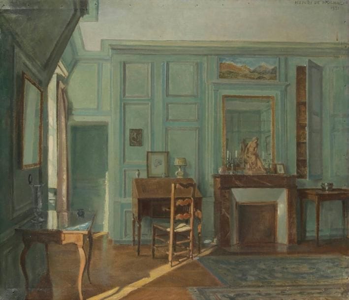Henri GIRAULT DE NOLHAC (1884-1948)
Salon de l'appartement du peintre rue de l'Orangerie à Versailles, 1931 Huile sur toile. Signée et datée en haut à droite. (Petits trous de montage). 73 x 83 cm