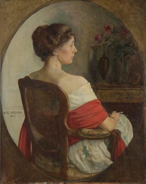 Henri GIRAULT DE NOLHAC (1884-1948)
Jeanne de Nolhac, femme de l'artiste, 1921 Huile sur toile. Signée et datée sur la gauche. (Accidents et restaurations). 80 x 65 cm