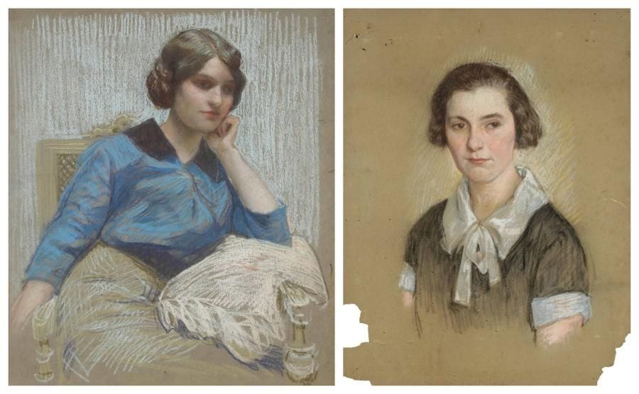 Henri GIRAULT DE NOLHAC (1884-1948)
Femme accoudée Pastel. Non signé. Joint: Portrait de femme, pastel (déchirures et manques de papier). 58 x 51 cm