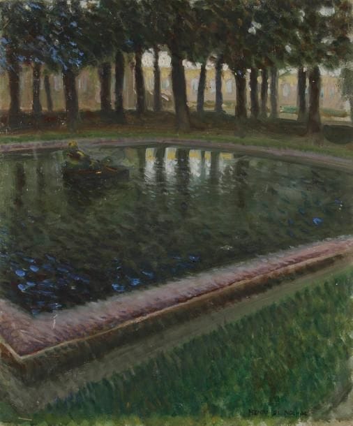 Henri GIRAULT DE NOLHAC (1884-1948)
Versailles, bassin le soir Huile sur carton. Signée en bas à droite. (Petits accidents). 46 x 38 cm