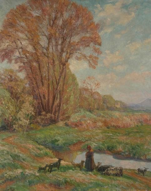 Joseph VITAL-LACAZE (1874-1946)
Bergère et son troupeau, 1930 Huile sur toile. Signée et datée en bas à droite. 100 x 81 cm