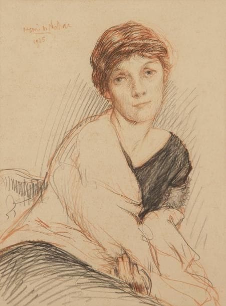 Henri GIRAULT DE NOLHAC (1884-1948)
Portrait de Jeanne, femme de l'artiste, 1925 Dessin aux trois crayons. Signé et daté en haut à gauche. Numéro d'exposition «23» sur le montage. 31,5 x 24 cm