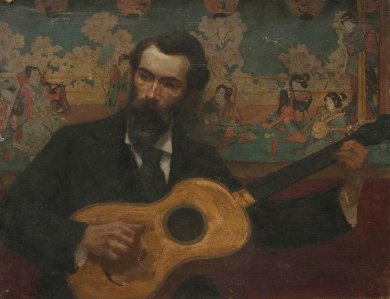 Joseph VITAL-LACAZE (1874-1946)
Guitariste à la tapisserie japonaise Huile sur toile. Non signée. (Accidents). 73 x 92 cm