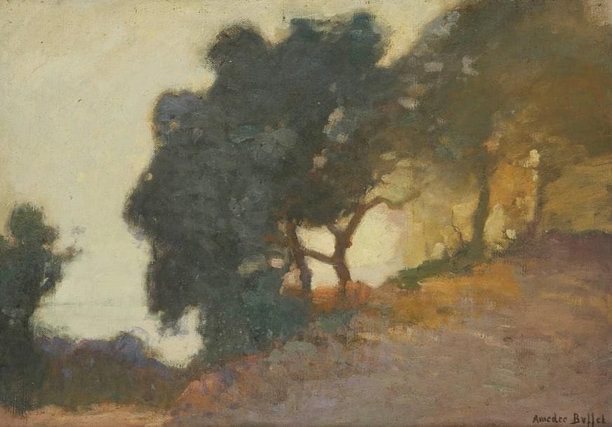 Amédée BUFFET (1869-1934)
Cannes, route de la Californie Huile sur toile. Signée en bas à droite. Titrée sur une étiquette au dos. 42 x 61 cm Exposition: Saintes, n°20
