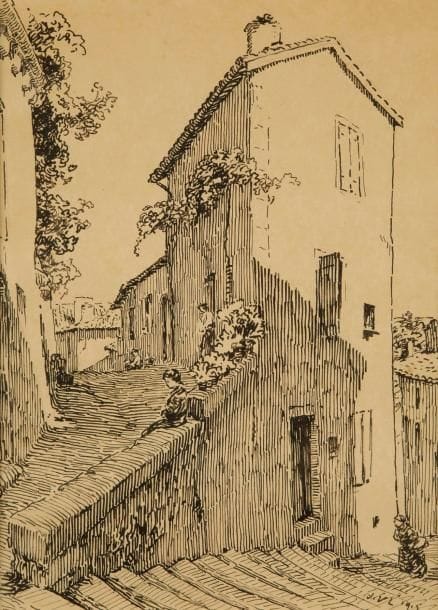 Joseph VITAL-LACAZE (1874-1946)
Personnages dans un village, 1915 Dessin à l'encre. Monogrammé et daté en bas à droite. 45 x 34 cm