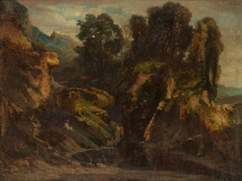 Jean-Joseph BELLEL (1816-1898)
Paysage aux rochers, 1862 Huile sur panneau. Signée et datée en bas à droite. 19 x 24,5 cm
