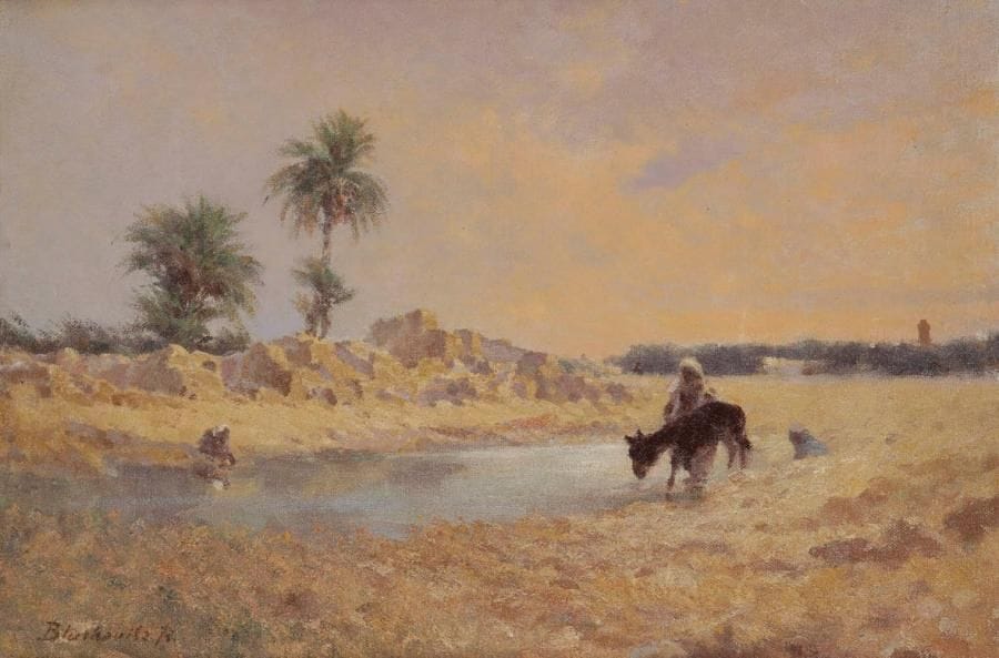 Franz BLASKOVITZ (1859-1931)
L'Oued au crépuscule, 1915 Huile sur toile. Signée et datée en bas à gauche. 38 x 55 cm