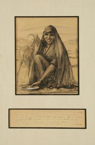 GEORGES ALFRED BOLLE (1887-1959)
Portrait d'une bergère tunisienne aux lèvres scarifiées avec sa chèvre Dessin au fusain, encre et rehauts de craie. Signé en bas au milieu et situé à Matmata. 36 x 29,5 cm Commentaire: Ce dessin est accompagné d'une note de l'artiste évoquant ses relations avec Paul Émile Dubois à Matmata: «Nous nous promenions P. E. Dubois et moi près du village de troglodytes de Matmata lorsqu?au détour d'un rocher, nous vîmes une femme en train de traire une chèvre. Elle se retourna et je fus stupéfié de voir sa lèvre supérieure taillée en dents de scie faire une dentelure rouge sur ses dents blanches. - En deuxième plan, les habitations, comme des fôsses»