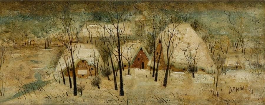 Georges DAMIN (né en 1942)
Maisons sous la neige Huile sur toile. Signée en bas à droite. 19 x 48 cm