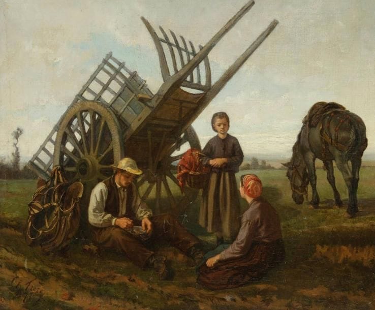 Charles-Édouard FRÈRE (1837-1894)
Le Repos des paysans, 1871 Huile sur toile. Signée en bas à gauche. 47 x 57 cm