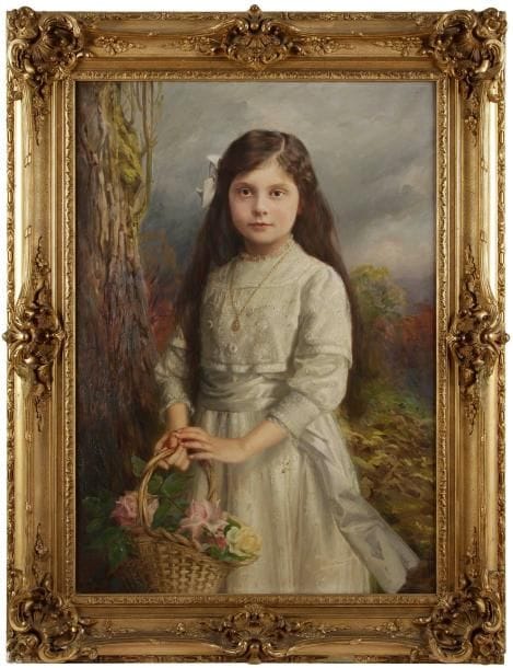 Léonie MICHAUD (1873-?)
Portrait de jeune fille au panier de roses, 1915 Huile sur toile. Signée et datée en bas à gauche. 92 x 65 cm