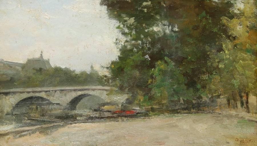 Pierre Jean PELLETIER (1869-1931)
Paris, la Seine et les toits du Louvre Huile sur carton. Signée en bas à droite. 32 x 54 cm