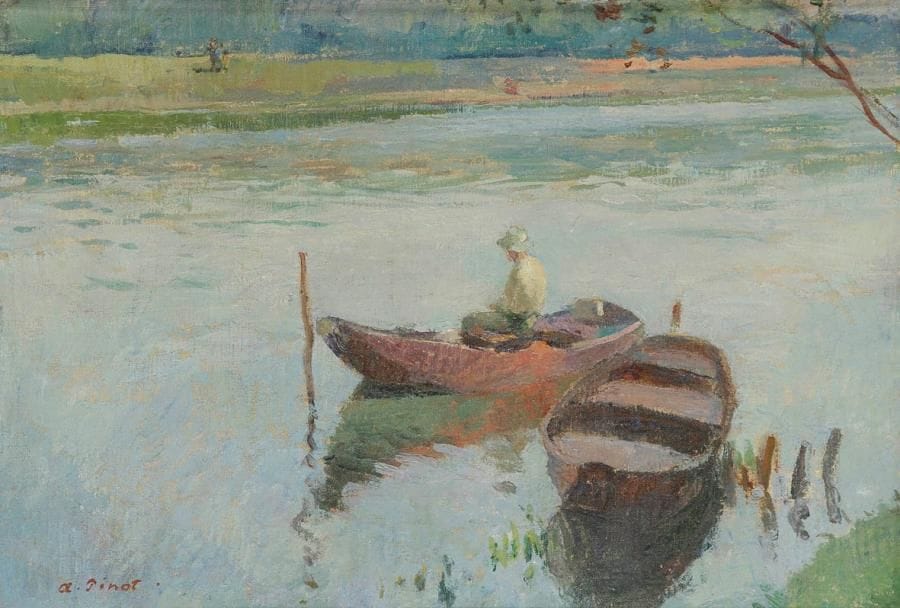Albert PINOT (1875-1962)
Pêcheur sur l'Oise Huile sur toile. Signée en bas à gauche. 36 x 53 cm
