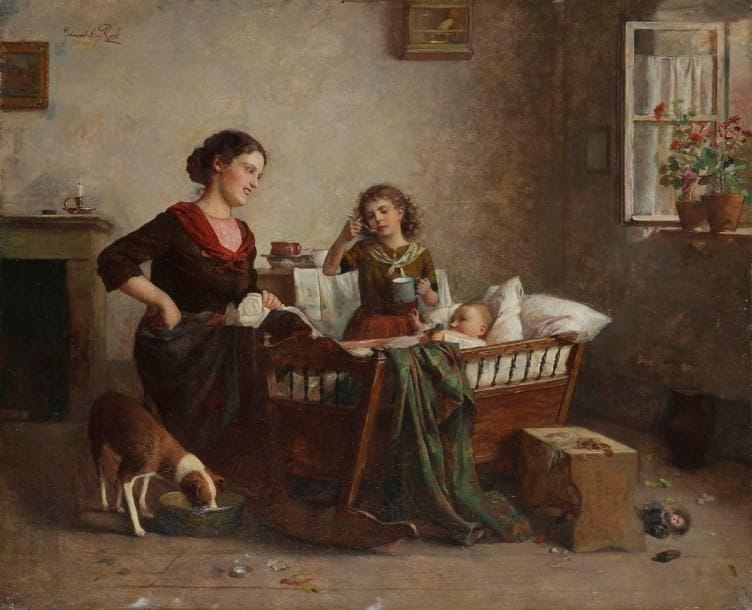 Edmund RODE [autrichien] (1876-1965)
Scène de famille Huile sur toile. Signée en haut à gauche. 55 x 69 cm