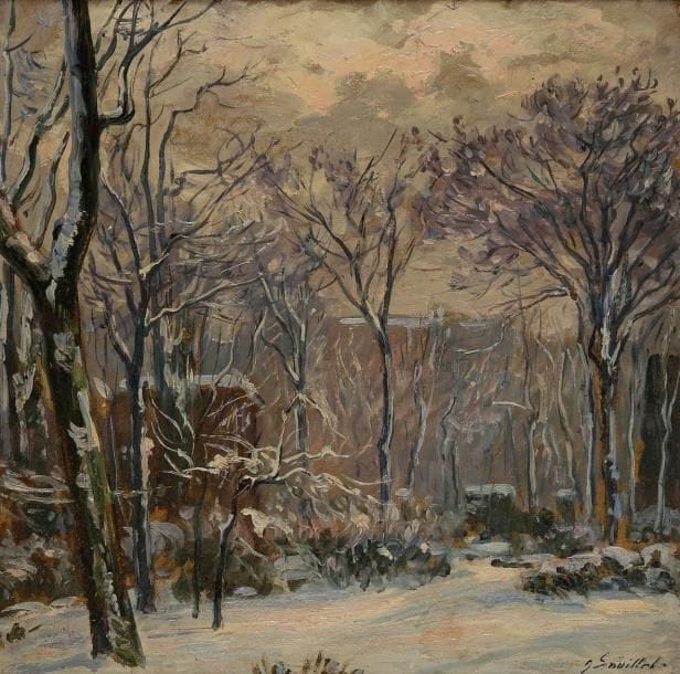 Georges François SOUILLET (1861-1947)
Le Jardin sous la neige Huile sur carton. Signée en bas à droite. Titrée au dos sur une étiquette. 41 x 41 cm