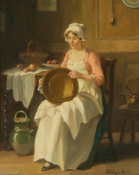 Pauline VALLAYER-MOUTET (XIXe-XXe siècle)
Le Nettoyage des cuivres Huile sur toile. Signée en bas à droite. 42 x 33,5 cm