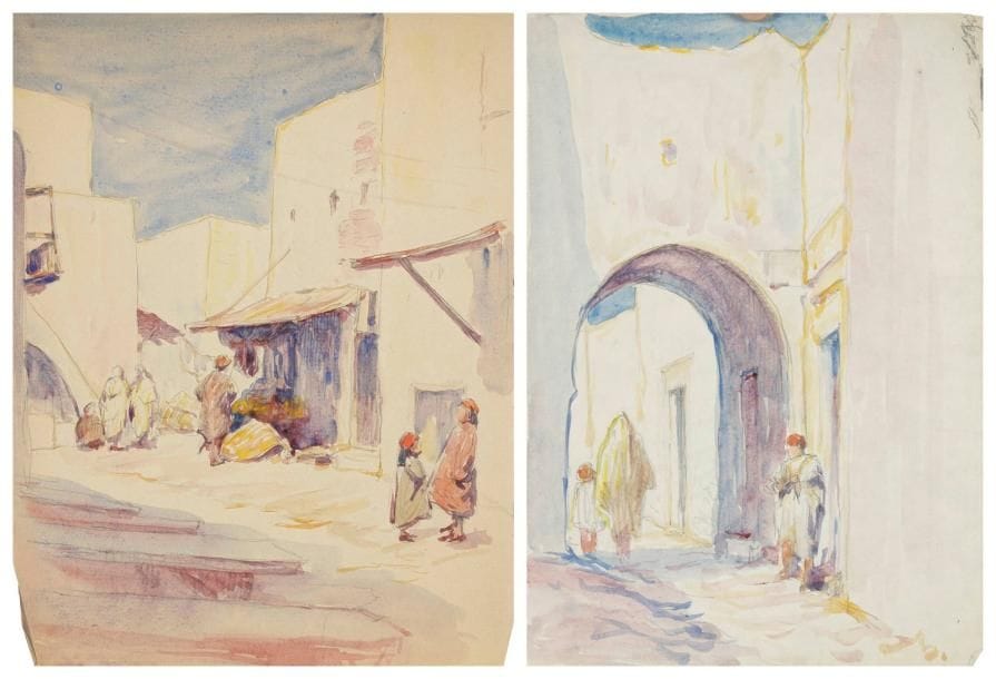 Joseph VITAL-LACAZE (1874-1946)
Rue au Maroc 2 aquarelles. Non signées. 26,5 x 18,5 cm et 32,5 x 25 cm