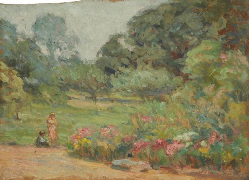 Joseph VITAL-LACAZE (1874-1946)
Enfants dans un jardin Huile sur panneau. Monogrammée en bas à droite. 23 x 32 cm