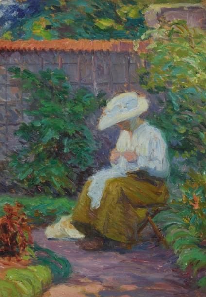 Joseph VITAL-LACAZE (1874-1946)
Couturière au jardin Huile sur panneau. Non signée. 33 x 23 cm