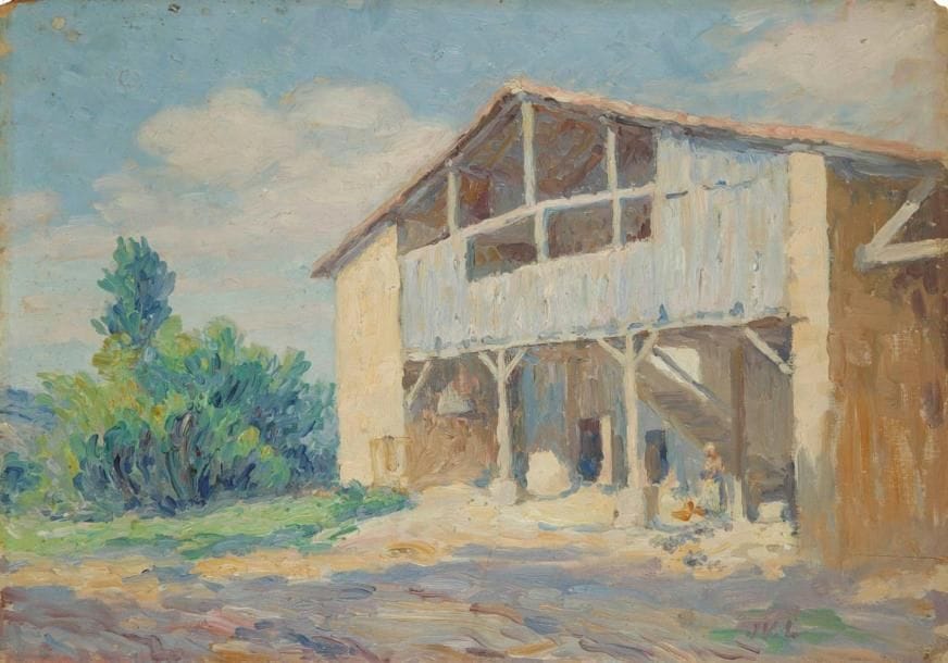 Joseph VITAL-LACAZE (1874-1946)
Grange à Tournecoupe Huile sur panneau. Monogrammée en bas à droite. 26 x 36 cm