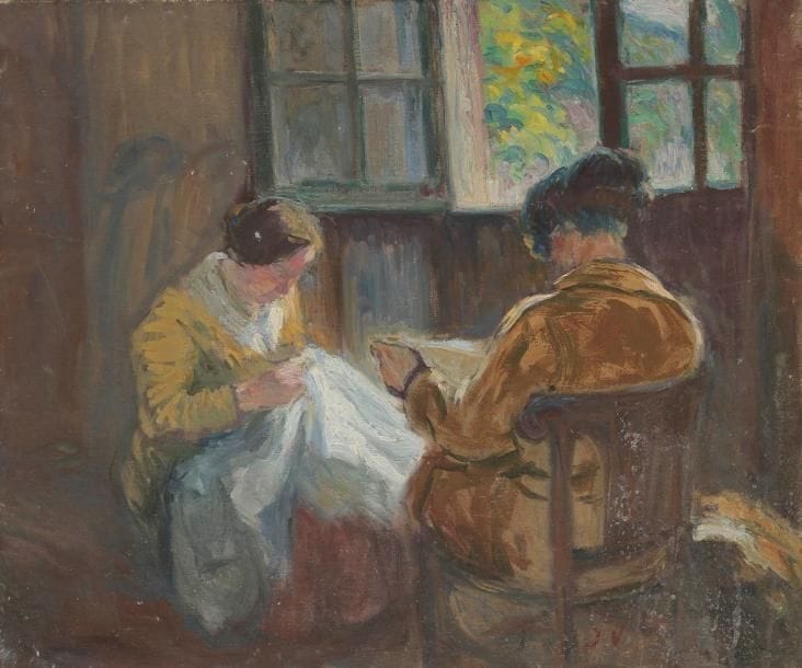 Joseph VITAL-LACAZE (1874-1946)
Les Couturières Huile sur toile. Monogrammée en bas à droite. 46 x 55 cm