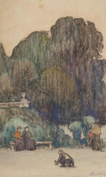 Joseph VITAL-LACAZE (1874-1946)
Paris, le Jardin du Luxembourg Dessin à l'aquarelle et au fusain. Signé en bas à droite. (Petits manques dans les angles). 28,5 x 17,5 cm