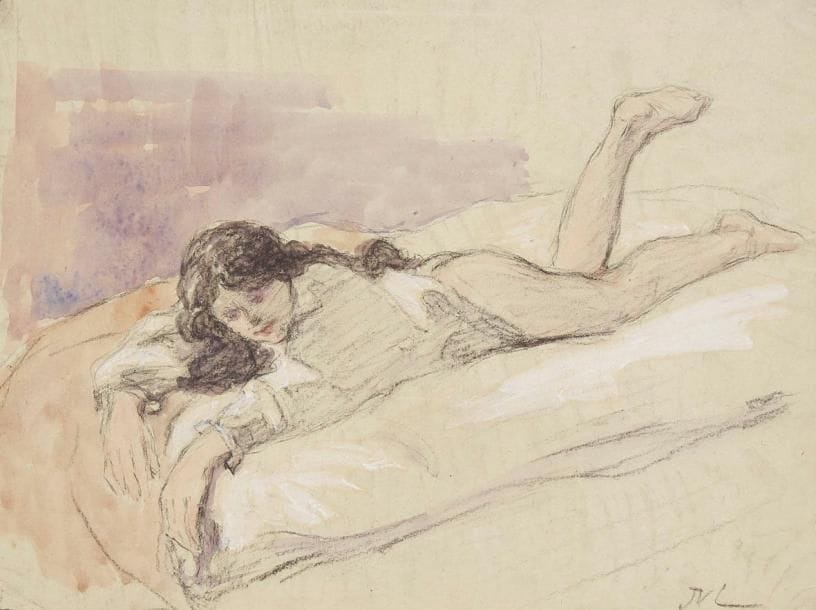 Joseph VITAL-LACAZE (1874-1946)
L'Attente Dessin au fusain et aquarelle. Monogrammé en bas à droite. 24,5 x 32 cm