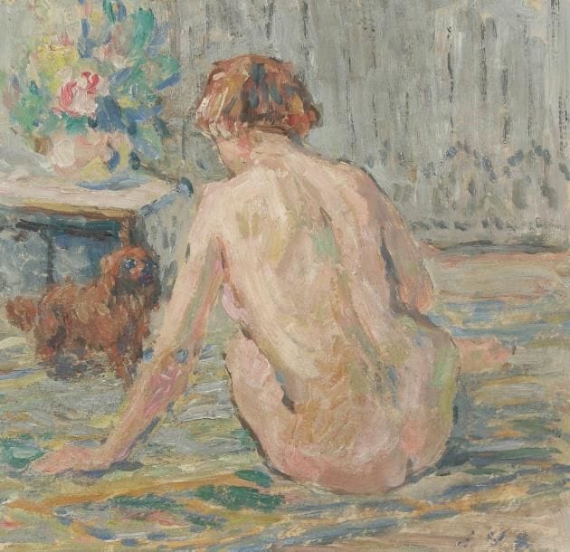 Joseph VITAL-LACAZE (1874-1946)
Femme nue au chien Huile sur papier. Monogrammée en bas à droite. 29 x 30 cm