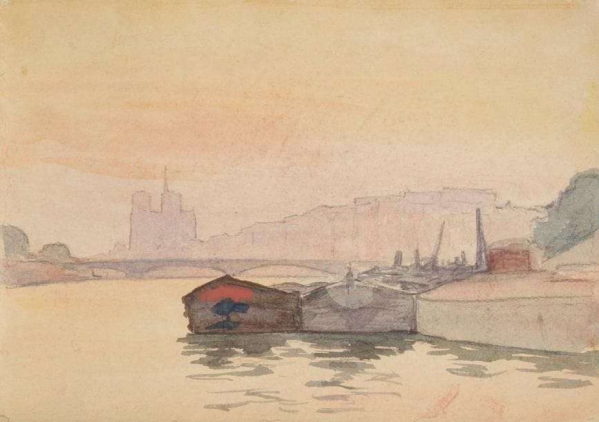 Joseph VITAL-LACAZE (1874-1946)
Paris, péniche sur la Seine au crépuscule Dessin au crayon et à l'aquarelle sur carton. Non signé. 22 x 30,5 cm