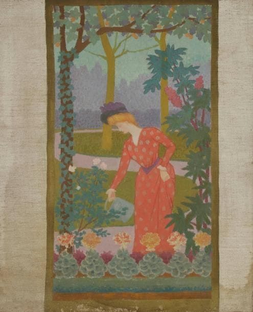 Ecole Française vers 1900
Jeune femme au jardin Huile sur toile. Non signée. (Traces d'humidité). 65 x 54 cm