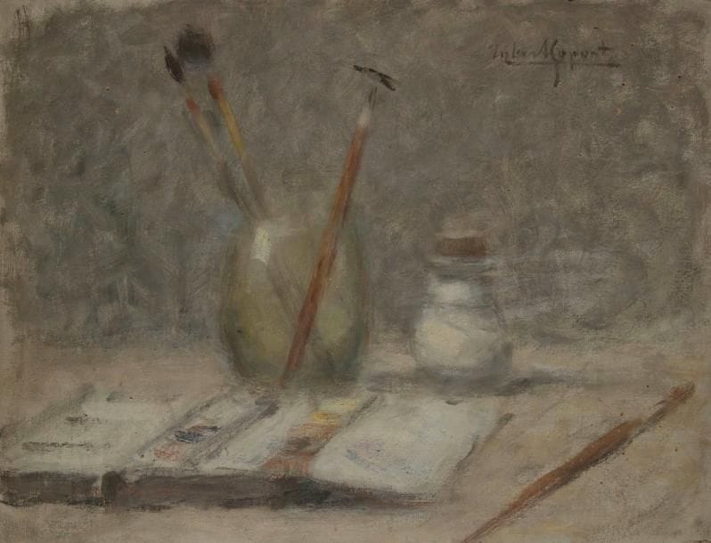 Robert DUPONT (1874-1949){CR
}Le Matériel du peintre Huile sur carton. Signée en haut à droite. 27 x 35 cm