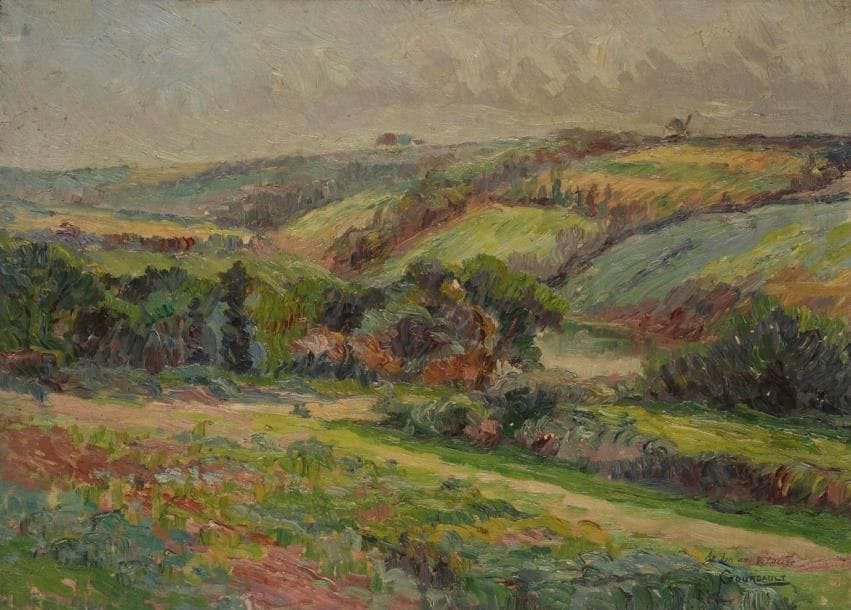 Pierre GOURDAULT (1880-1915)
Paysage vallonné Huile sur toile. Signée et dédicacée au peintre Joseph Vital-Lacaze en bas à droite. 33 x 46 cm