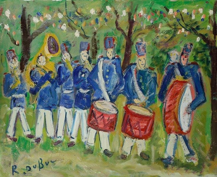 Roland DUBUC (1924-1998)
La Fanfare. Huile sur toile. Signée en bas à gauche. 65 x 81 cm