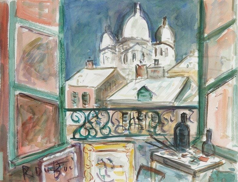 Roland DUBUC (1924-1998)
Montmartre, le Sacré Coeur vu de l'atelier. Aquarelle. Signée en bas à gauche. 49 x 63 cm